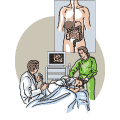 A physician shown performing a colonoscopy. Video imaging is used during the procedure.