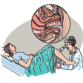 A woman shown having a colposcopy.  The inset shows the speculum opening the vaginal canal to allow a better view of the cervix.     